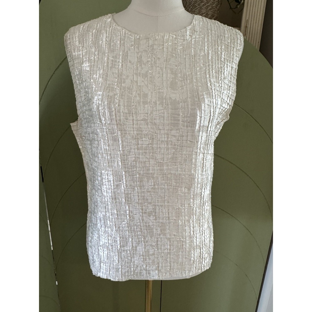 Annie Alexander Cream White Crinkle Textured Floral Jacquard Sleeveless Top L